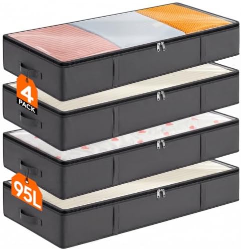 95L 4 Pack Under Bed Storage Container, Blanket Organizer, Gray