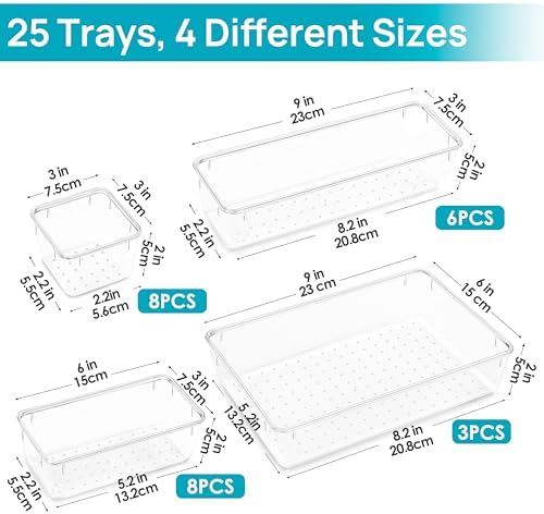 25 Pack Clear Plastic Drawer Organizers with Non-slip Rubber Pads