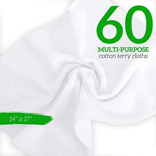 Terry Towels 14" x 17" 60 Pack - Cotton Bar Towels, Cleaning Rags, White Terry Cloth Towels, Absorbent Kitchen Towels for Restaurant, Food Service and Home Use (Blue & Orange Stripe)