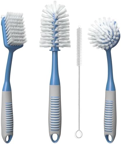 Dish Brush Set of 4 - Kitchen Scrub Brushes with Non-Slip Long Handle for Cleaning, Scrubber, Dishwashing, Dishes, Bottles, Straws, Cups, Pots & Sink, Blue