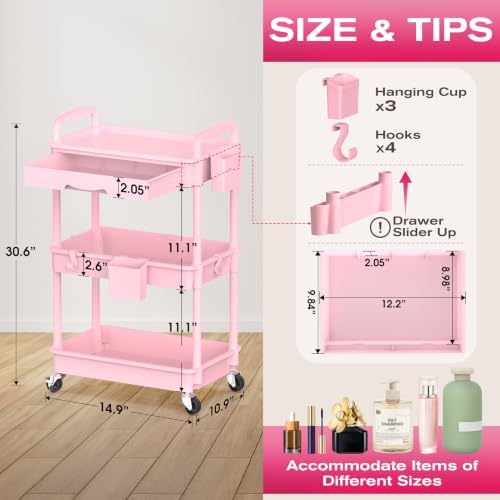 Rolling Makeup Organizer Cart with Removable Drawer, 3 Tier Pink