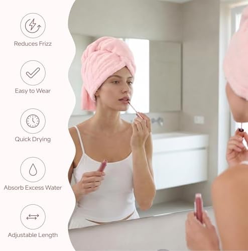 3 Pack Microfiber Hair Towel Wrap for Women, Super Absorbent Quick Dry Hair Turban for Thick Long Curly Hair, Large Stay-Put Anti-Frizz Hair Drying Towels, Pink Blue Gray