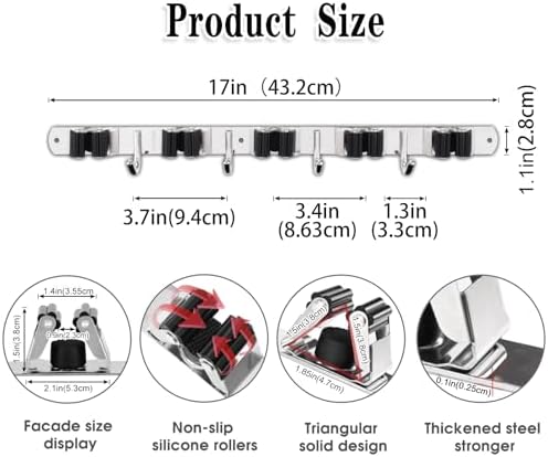 Broom Holder Wall Mount, 5 Racks 4 Hooks Heavy Duty Mop Organizer