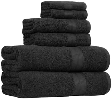 6-Piece Highly Absorbent Fade-Resistant Towel Set, 100% Cotton Towels for Bathroom, Soft, 2 Bath Towels, 2 Hand Towels, 2 Washcloths, Black
