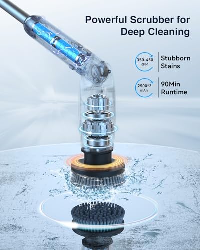 Electric Spin Scrubber, Shower Scrubber with 4 Adjustable Angles and 8 Brush Heads, Electric Scrubber with Long Handle & Remote Controller, Cleaning Brush for Bathroom, Tub, Floor (Black)