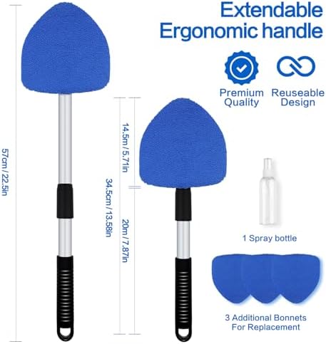 Windshield Cleaner Tool 22.5" L - Car Interior&Exterior Window Cleaning Kit with Extendable Handle&4 Microfiber Pads and Thick Large Wash Sponge, Auto Glass Wiper Brush Kit for Cars Home (7pcs Blue)