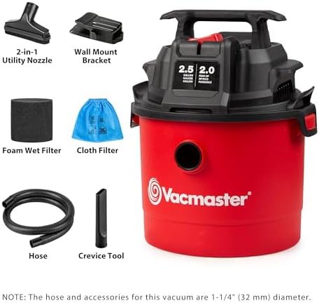 Vacmaster VOMCM205P 1101 2.5-Gal 2 Peak HP Wall Mount Wet/Dry Vac Red