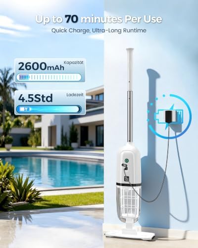 2026 Upgrade Cordless Handheld Pool Vacuum,Pool Vacuum for Above and Inground Pool,Rechargeable Pool Cleaner with Extention Pole,Up to 70-Min Runtime,Ideal for Leaves,Debris,Spas,Hot Tubs,White