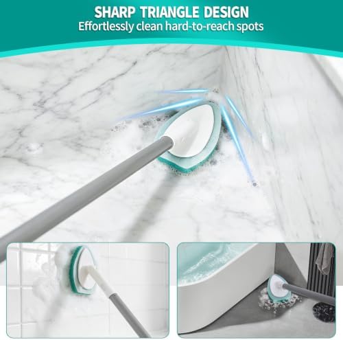 Professional Shower Scrubber with Long Handle, Shower Cleaner Brush, Shower and tub Scrubber with 10 PCS Non-Scratch Scouring Pads for Bathroom Shower and tub