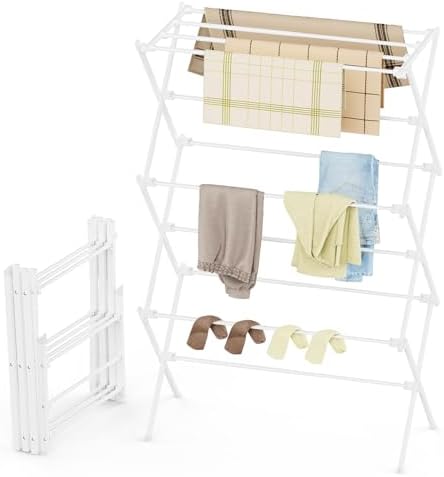 Drying Rack Clothing, 3-Tier Clothes Drying Rack Foldable, Antirust Laundry Drying Rack Collapsible Use for Indoor & Outdoor, 11.8" D x 34.6" W x 35.4" H, White