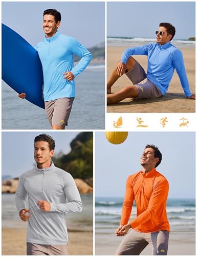 Men's Long Sleeve Athletic Shirts 1/4 Pullover Zip Sun Protection Rash Guard UPF 50+ Outdoor Running T-Shirts