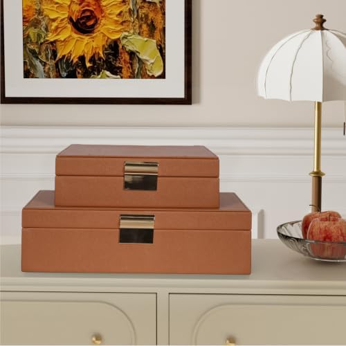 Decorative Storage Box Set of 2, PU Leather Organizer for Home Decor Brown