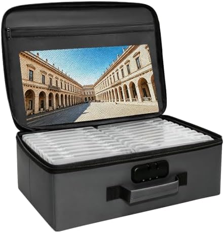 Photo Storage Box with 18 Inner Photo Case, Photo Organizer Box with Lock, PU Storage Containers with Handles & Lid, Keepsake Box for Home, Office, Travel, Pictures & Memories Storage Cards, Grey