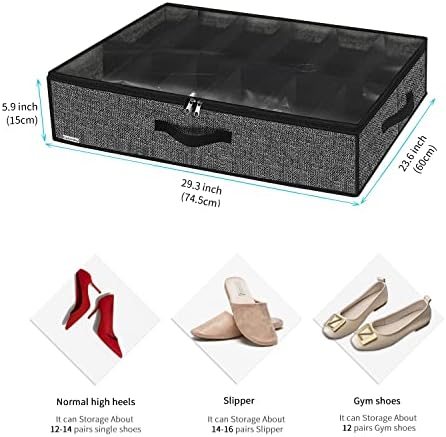 Sturdy Under Bed Shoe Storage Organizer, Set of 2, Fit 12 to 24 Pairs, Underbed Shoes Closet Storage Solution with Clear Window, Breathable, L29.3 x W23.6 x H5.9, Linen-like Black, MXAUBSB2P