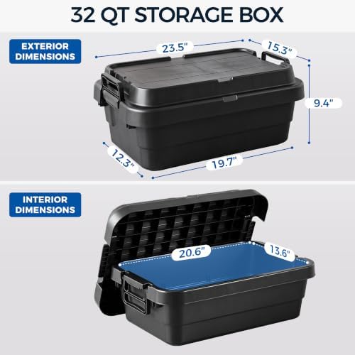 32 QT Storage Bins with Lids, Heavy Duty, Black, Stackable, 2-Pack