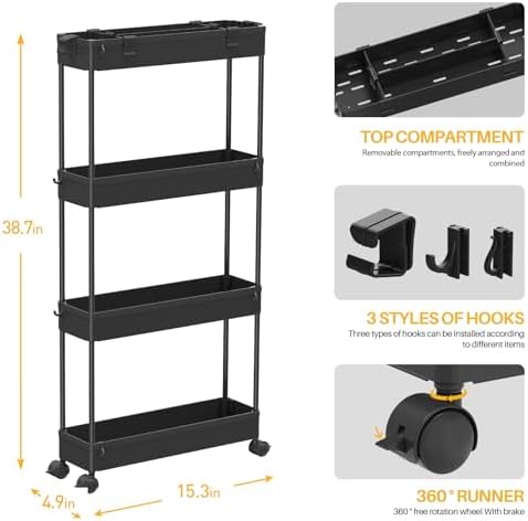 Slim Storage Cart 4 Tier,Bathroom Organizer Rolling Utility,Mobile Shelving Unit Slide Out for Office, Kitchen, Laundry Room & Narrow Places,Black