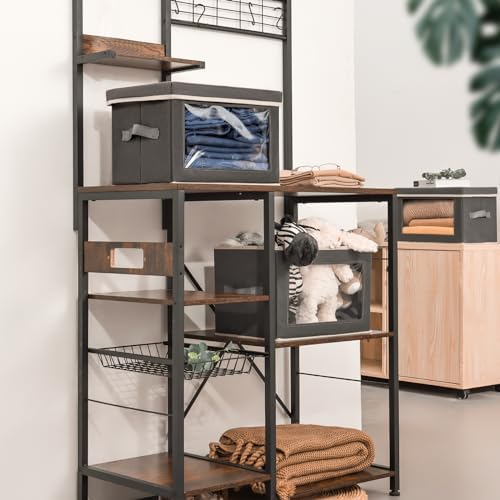 Storage Bins with Lids - Fabric Storage Boxes with Window, Collapsible Closet Organizers with Handles, 3 Pack Decorative Bin, Home Cubes Baskets for Clothes, Hat, Books, Dark Grey