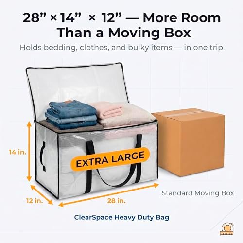 Heavy Duty Moving Bags - Water Resistant Storage Bags with Backpack Straps, Zippers and Handles - Large Moving Boxes for College Dorm, Travel, Closet Organization - 6 Pack, Clear