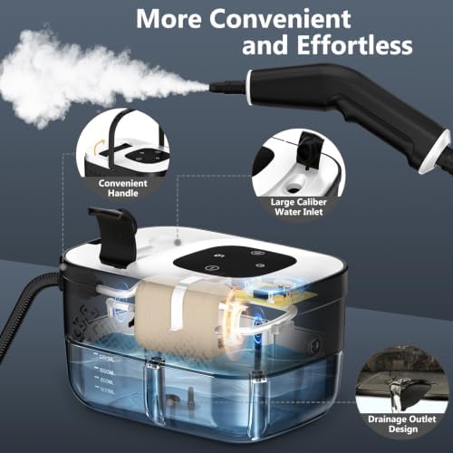 Steam Cleaner, Portable Steamer for Cleaning with 16pcs Accessories, 6-Level Adjustable and 15s Heat-Up, Handheld Steam Cleaner for Home, Tile, Dirt, Grout, Grease, Car Detailing, White