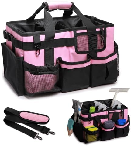 Large Wearable Cleaning Caddy Bag, Pink Tool Bag with Adjustable Shoulder Straps & Divider, 14 inch Cleaning Supplies Organizer for Housekeepers & Cleaners