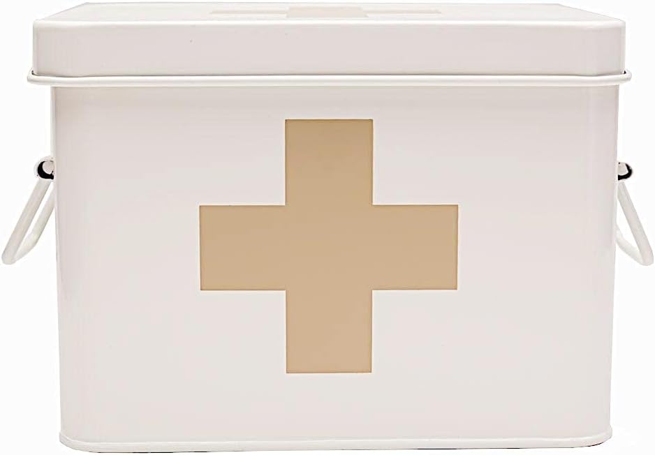 Retro Enameled First Aid Box for Medicine Storage and Home Decor with Lid and Removable Tray