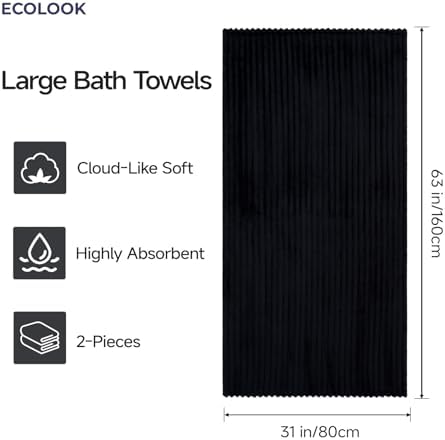 Black Bath Towel Set of 2, 31 x 63 in, Soft and Highly Absorbent, Lightweight Microfiber Towels for Bathroom, Gym, Hotel and Spa