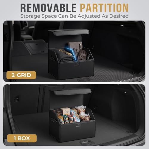 Car Trunk Organizer for SUV & Sedan - Magnetic Lid, Large Capacity PU Leather Waterproof Foldable Storage Box, Adjustable Dividers and Side Handles, Tools, Snacks & Auto Accessories, 16.5"x13"x11.4"