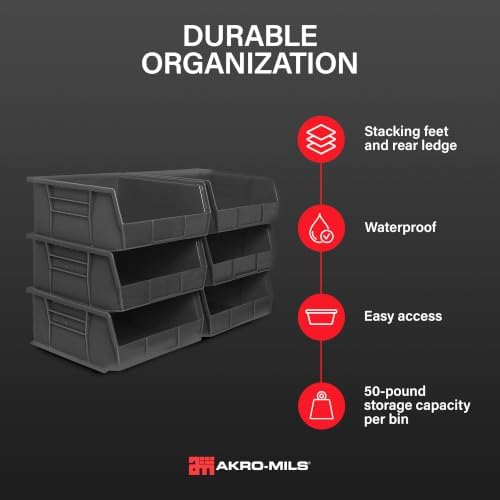 30235 AkroBins Plastic Storage Bins, 11"x11"x5", Black, 6-Pack