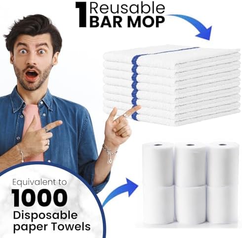 Bar Mops Blue Stripe Pack of 60 Kitchen Towels 16x19 Multi-Purpose for Home, Restaurant and Cleaning White Absorbent Washcloth Dishcloths Sets, Reusable Dish, Cloths Rags
