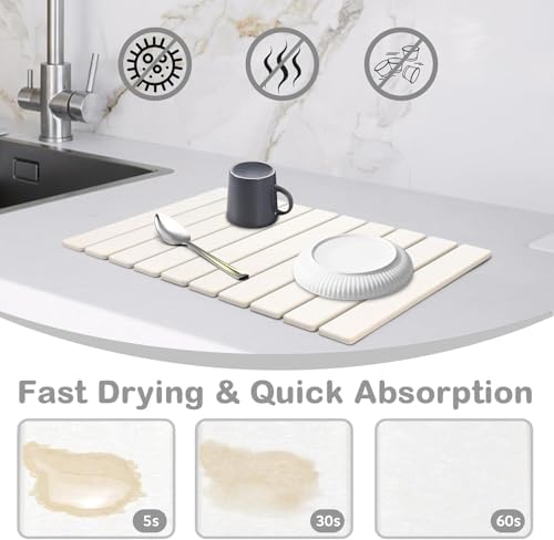 Large Stone Dish Drying Mat for Kitchen Counter – 24"(L)×16 "(W) Foldable Super Absorbent Diatomaceous Earth Stone Dish/Bath Mat, Kitchen Counter Mat for Plate Rack, Cup, Match Any Countertop - White