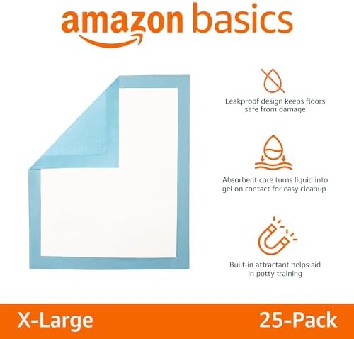 Super Absorbent Dog and Puppy Potty Pads, Leak-Proof 5-Layer Design with Quick-Dry Surface for Housebreaking, Heavy Duty Absorbency, X-Large, 28 x 34 Inch, Blue & White, 25-Pack