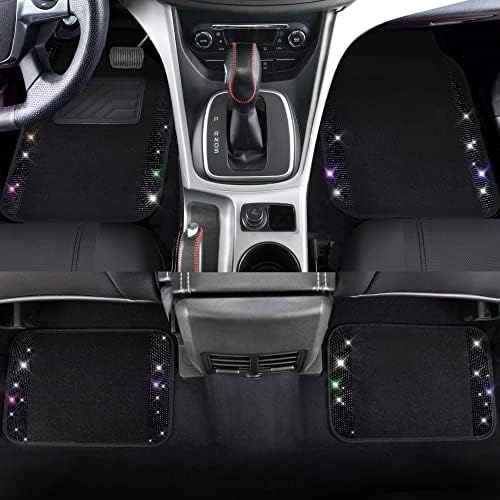23 PCS Bling Diamond Car Accessories Set for Women, Leather Seat Covers Full Set Floor Mats Steering Wheel Cover, Coasters Seat Belt Covers Phone Holder Universal Fit Car SUV Truck Van Black