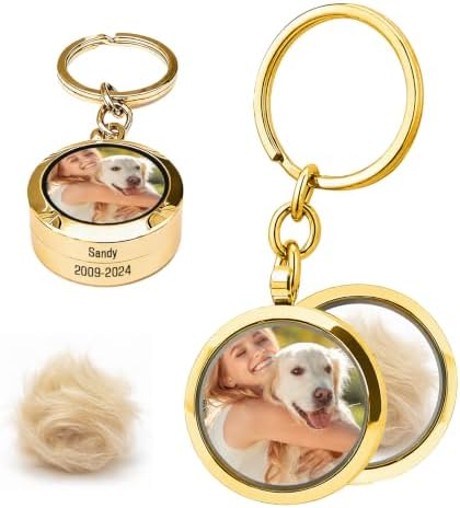 Personalized Locket Keychain Dog Hair Keychain Memorial Pet Fur Keepsake with Name Photo Custom Locket for Ashes Portrait Cremation Jewelry for Pet Loss of Dog Cat Sympathy Remembrance Gift