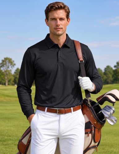 Men's Polo Shirts Long Sleeve Quick Dry Pique Collared Golf Shirt