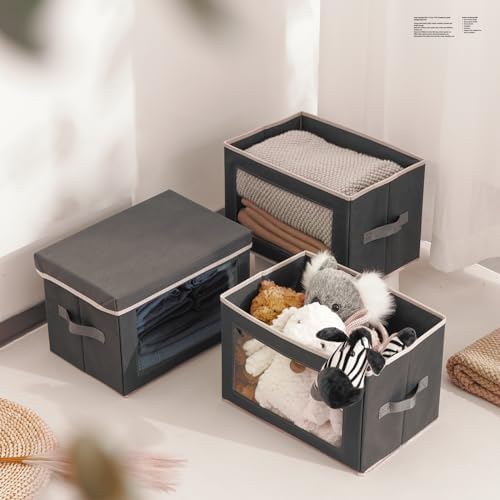 Storage Bins with Lids - Fabric Storage Boxes with Window, Collapsible Closet Organizers with Handles, 3 Pack Decorative Bin, Home Cubes Baskets for Clothes, Hat, Books, Dark Grey