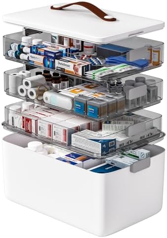 4- Tier Medicine Storage Box Organizer Portable First Aid kit Box Sewing, Art, Craft with Handle, Multipurpose Medical Supply Organizer with Removable Tray