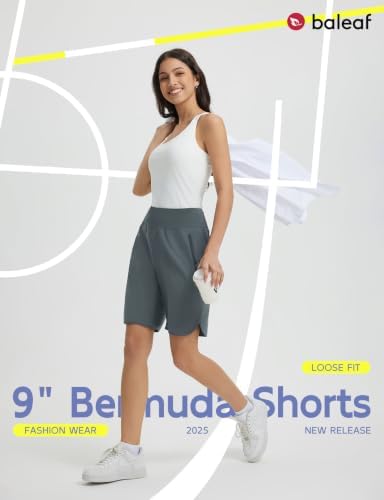 Women's Bermuda Long Shorts 9" Above Knee Length with Zipper Pockets