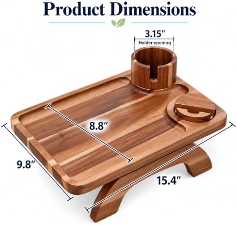 Couch Cup Holder Tray, Large 3-in-1 Acacia Wood Sofa Arm Rest Tray with Cup Holder & 360° Rotating Phone Stand, 15.36 × 9.85 Inches