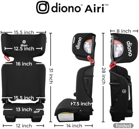 Diono Airi Travel High Back Booster Seat, Foldable Slim 3‑Across Fit, Black