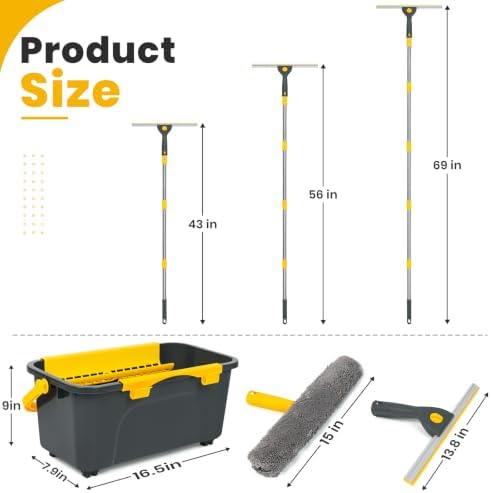 Window Cleaning Kit with Bucket, Squeegee and Scrubber for Home, Yellow