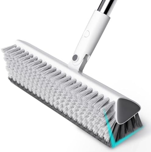 Floor Scrub Brush with Long Handle, Heavy-Duty Stiff Bristles, V-Shape Floor Scrubber Brush for Tile, Concrete & Grout Lines, Stand-Up Cleaning for Garage, Bathroom, Deck & Patio