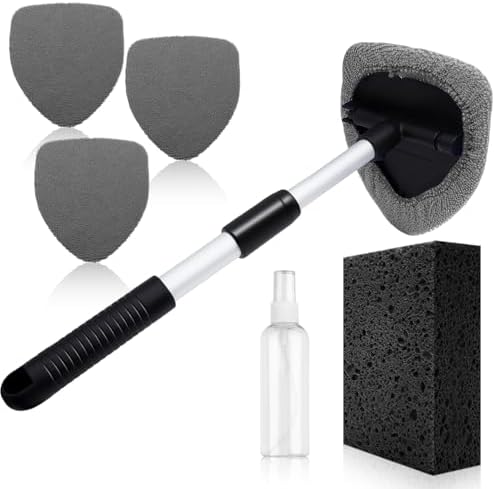 Windshield Cleaner Tool 22.5" L - Car Interior&Exterior Window Cleaning Kit with Extendable Handle&4 Microfiber Pads and Thick Large Wash Sponge, Auto Glass Wiper Brush Kit for Cars Home (7pcs Grey)