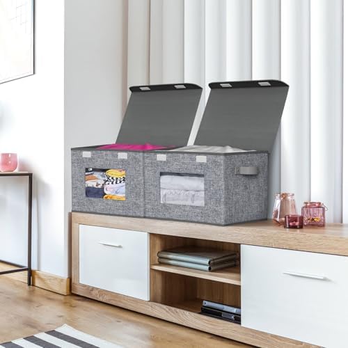 Fabric Storage Bins with Lids for Clothes 4 Pack, Grey Linen