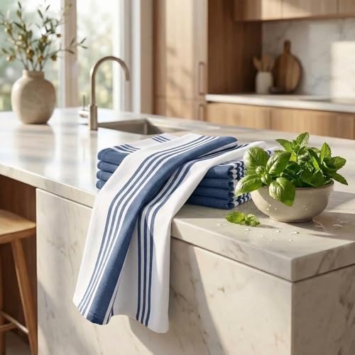 Cotton Kitchen Towels Dishtowels Set of 6 20x30 In- Blue/White