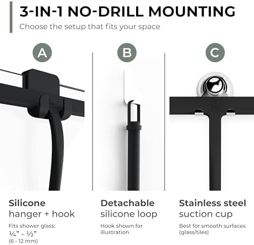 Silicone Shower Squeegee with 3-in-1 No-Drill Mount, Black, 9''