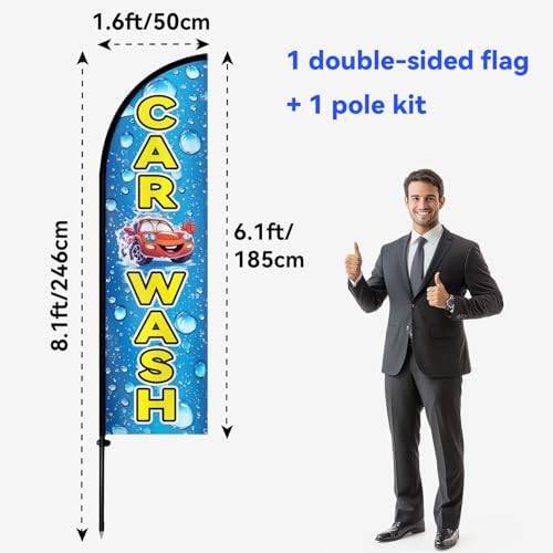 Double Sided Car Wash Feather Flag with Pole Kit, 8FT Outdoor Car Wash Advertising Flag Set with Durable Polyester, High Visibility Sign for Auto Wash, Detailing Shop, Roadside Promotion