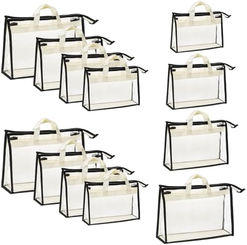 12 Pack Clear Handbag Storage Organizer, Dust Bags for Handbags, Transparent Purse Organizer for Closet, Hanging Handbags Dust Cover Bags with Zipper, Handles and Hooks