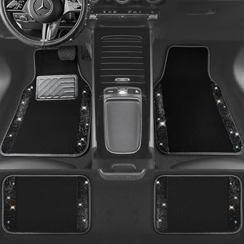 Bling Diamond Leather Steering Wheel Cover 14.5in-15in Floor Mats Shining Rhinestone Carpet Sparkly Glitter Crystal Anti-Slip Pad Fit Automotive SUV Pickup Truck Girl Women, 5pcs Black