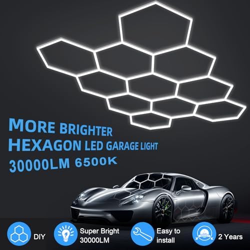 11 Hexagon LED Garage Light, Ultra-Bright 6500K Natural White, 11 Grids for Garage, Mall, Shop, and Auto Detailing.