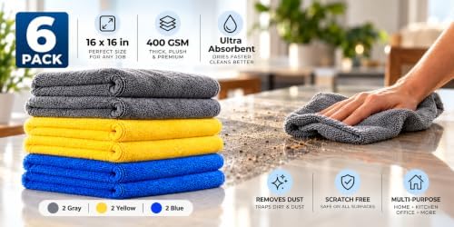 Microfiber Towels, Gray Yellow Blue, 6 Pack, 16 x 16 in